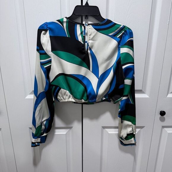 NWT House of Harlow 1960 woman's cropped long sleeve blouse blue multicolor S - Picture 7 of 12